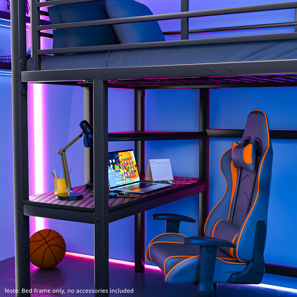 Gaming Loft Bed with Desk, Steel Metal Frame, Space Saving Design, for Single Mattress, Matte Dark Grey 7