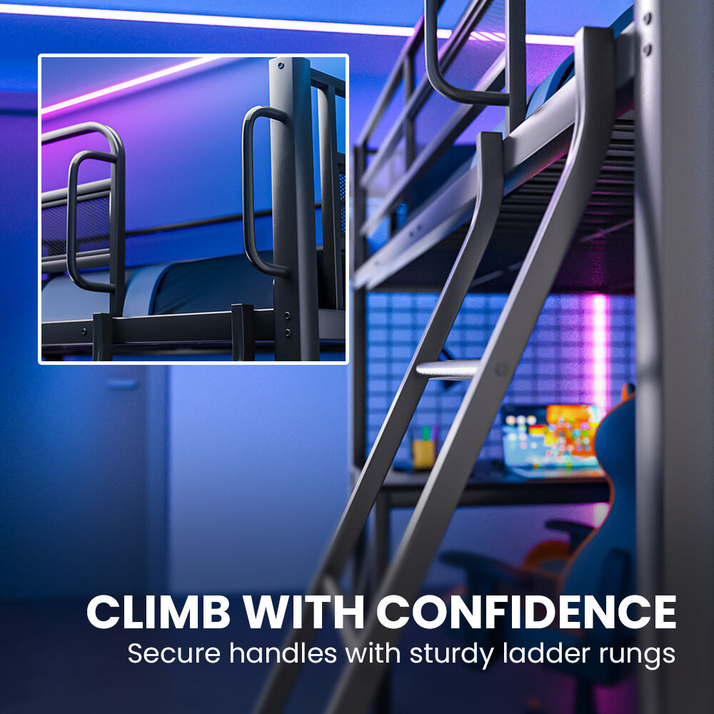 Gaming Loft Bed with Desk, Gridwall, Steel Metal Frame, Space Saving Design, for Single Mattress, Matte Dark Grey 4