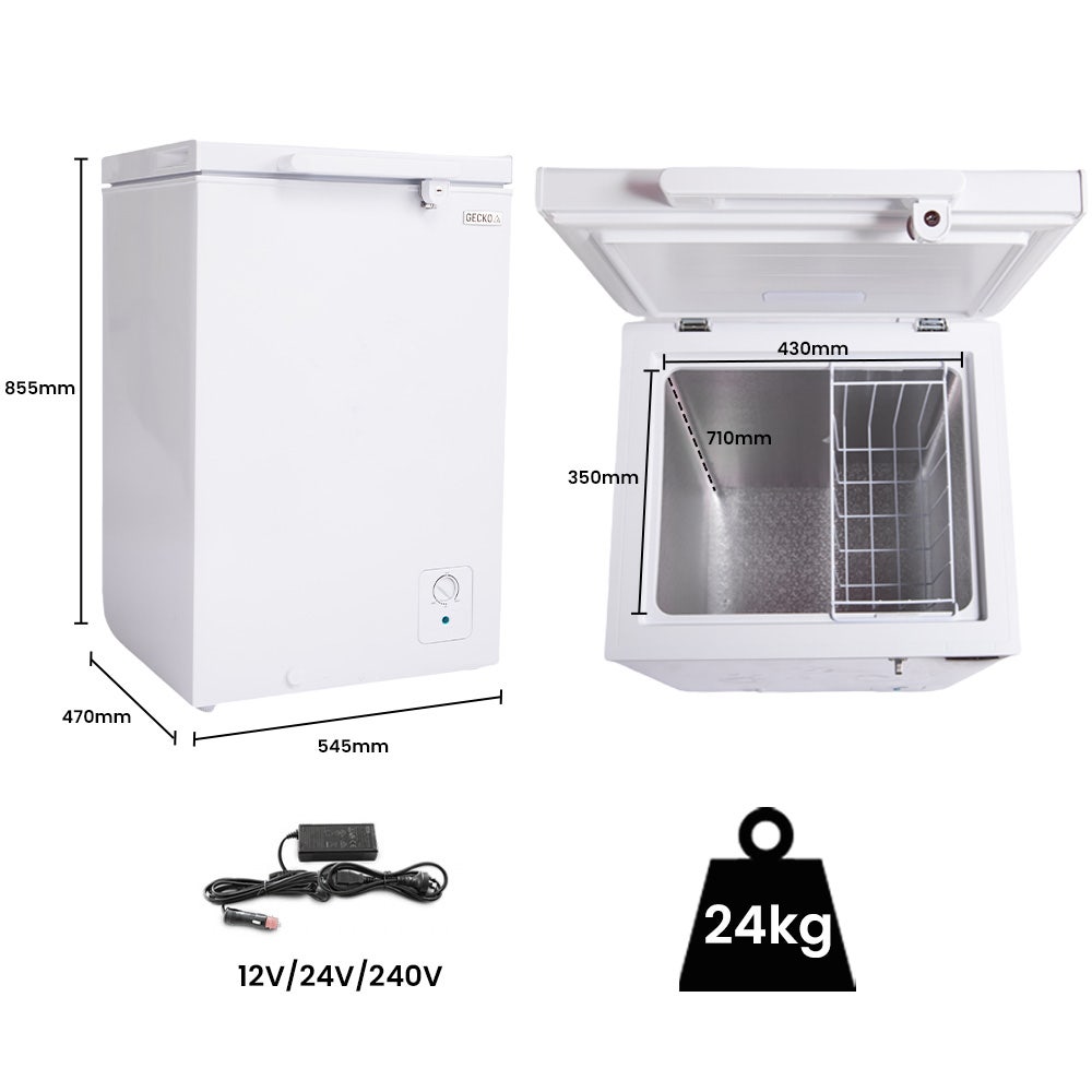 GECKO 100L Portable Chest Freezer, 12V/24V/240V for Motorhome and Caravan, White 12