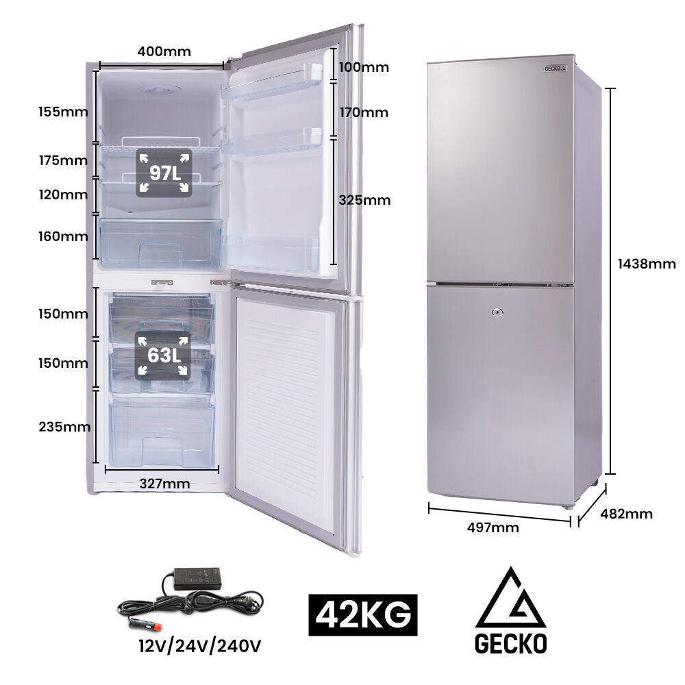 GECKO 160L Upright Portable Fridge / Freezer, 12V/24V for Motorhome and Caravan, Silver 11