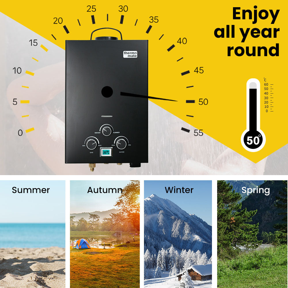 Thermomate Portable Gas Outdoor Camping Hot Water Heater System, with 12V Pump, Shower Head, Black 7