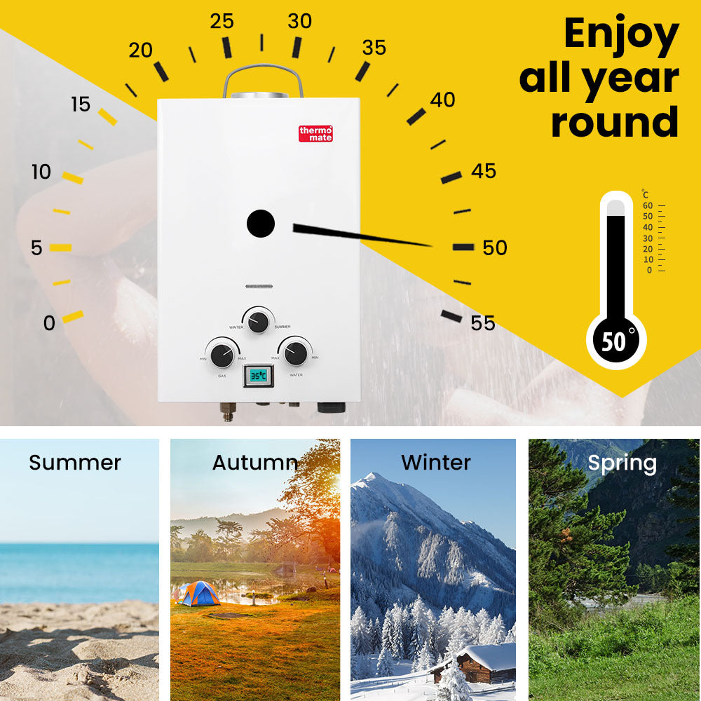 Thermomate Portable Gas Outdoor Camping Hot Water Heater System, with 12V Pump, Shower Head, White 7