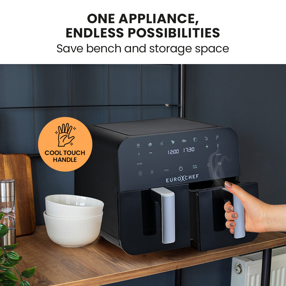 EuroChef 9L Dual Zone Air Fryer, Electric Digital Airfryer Twin Drawers, Black/Silver 7