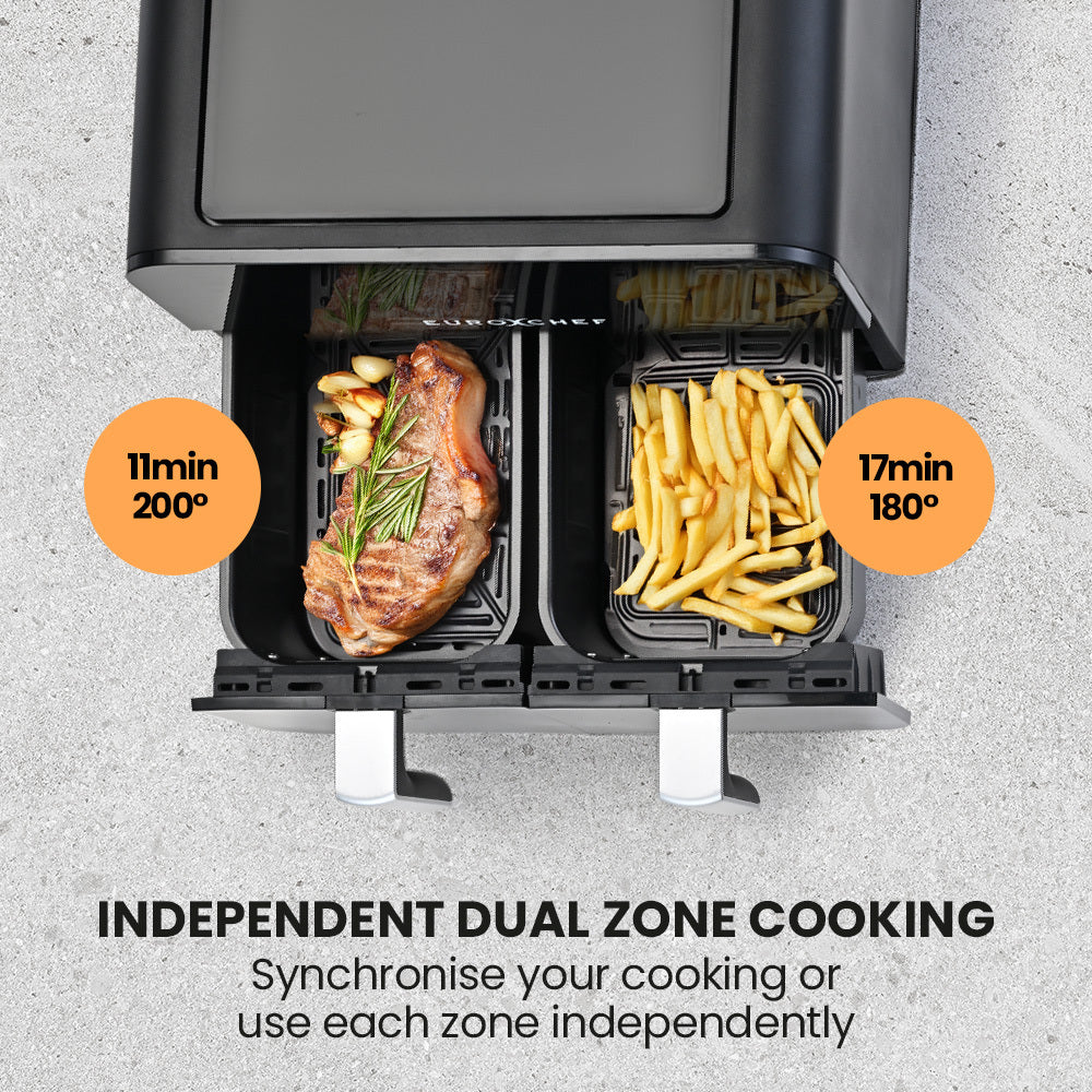 EuroChef 9L Dual Zone Air Fryer, Electric Digital Airfryer Twin Drawers, Black/Silver 8