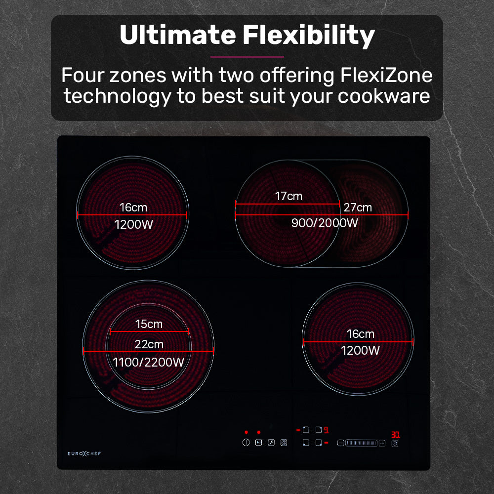 EuroChef 60cm 4 Zone Ceramic Cooktop, 6600W Electric, FlexiZone Adjustable Size Hobs, Touch Controls 3