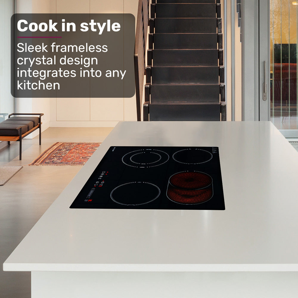 EuroChef 60cm 4 Zone Ceramic Cooktop, 6600W Electric, FlexiZone Adjustable Size Hobs, Touch Controls 4