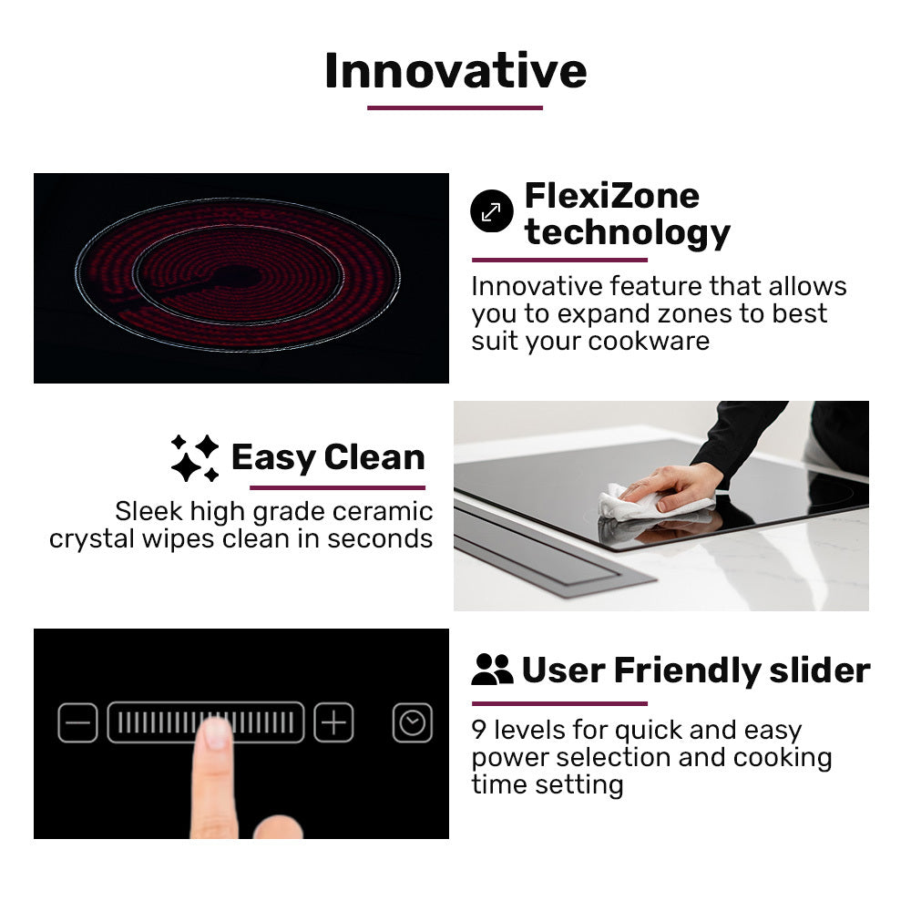 EuroChef 60cm 4 Zone Ceramic Cooktop, 6600W Electric, FlexiZone Adjustable Size Hobs, Touch Controls 7