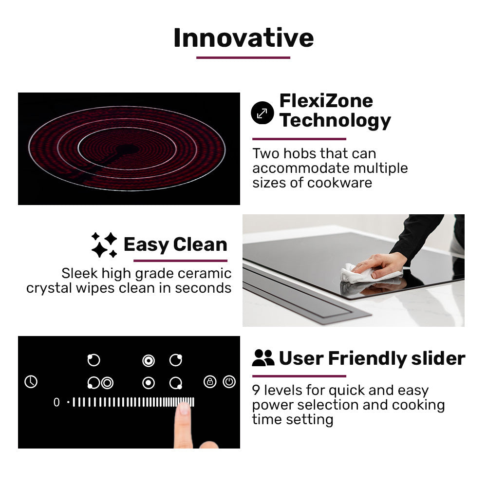 EuroChef 90cm 5 Zone Ceramic Cooktop, 8900W Electric, FlexiZone Adjustable Size Hobs, Touch Controls 8