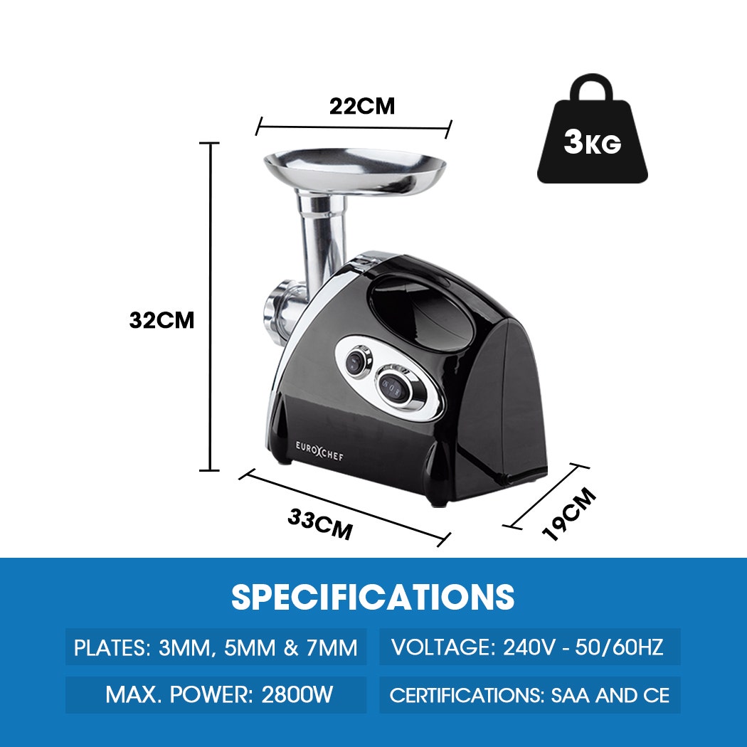 EUROCHEF Electric Meat Grinder, Stainless Steel Mincer Sausage Filler Kibbe Maker, Black 5