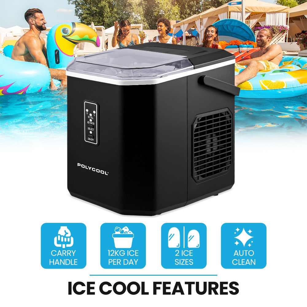POLYCOOL Portable Ice Maker Machine, Automatic, 12kg/day,  Auto Clean, with Scoop and Removable Basket, Black