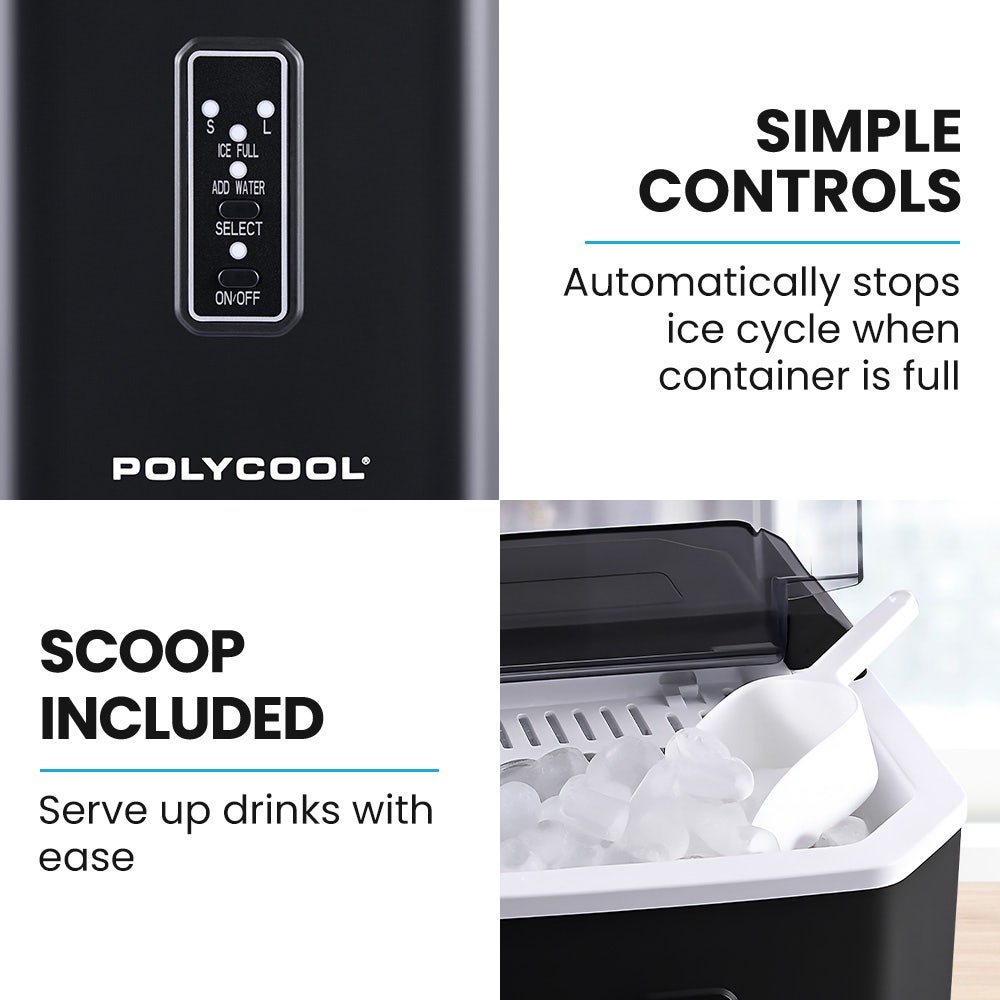 POLYCOOL Portable Ice Maker Machine, Automatic, 12kg/day,  Auto Clean, with Scoop and Removable Basket, Black 6