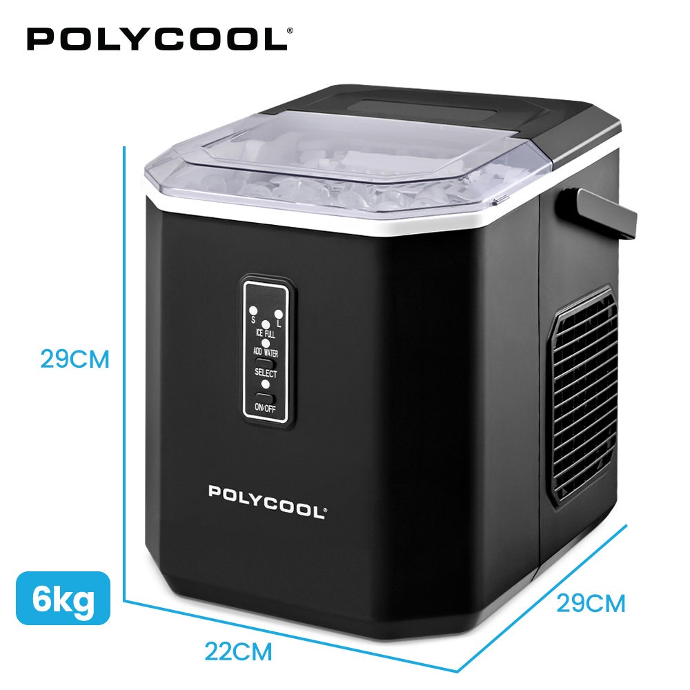 POLYCOOL Portable Ice Maker Machine, Automatic, 12kg/day,  Auto Clean, with Scoop and Removable Basket, Black 12