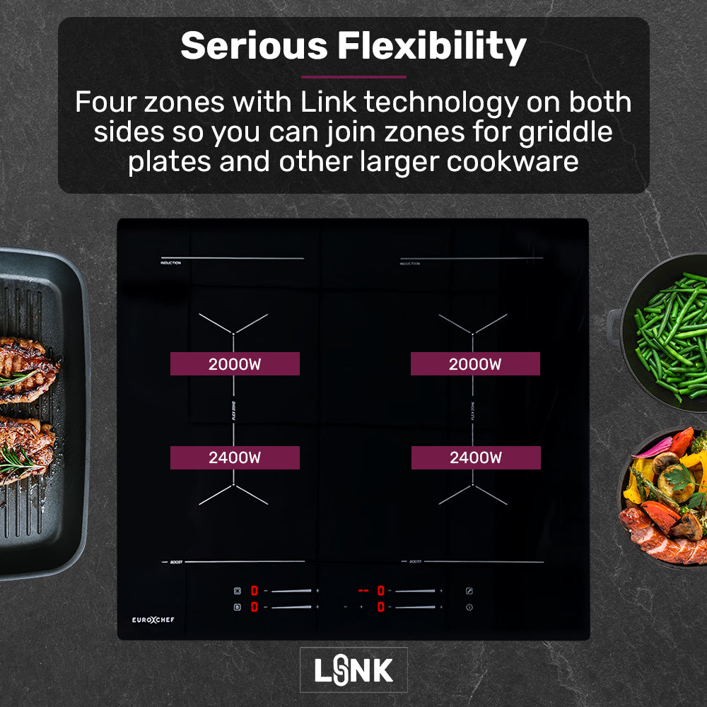EuroChef 60cm 4 Zone Induction Cooktop, 7200W Electric, Dual Link Bridged Zone Hobs, Touch Controls 3