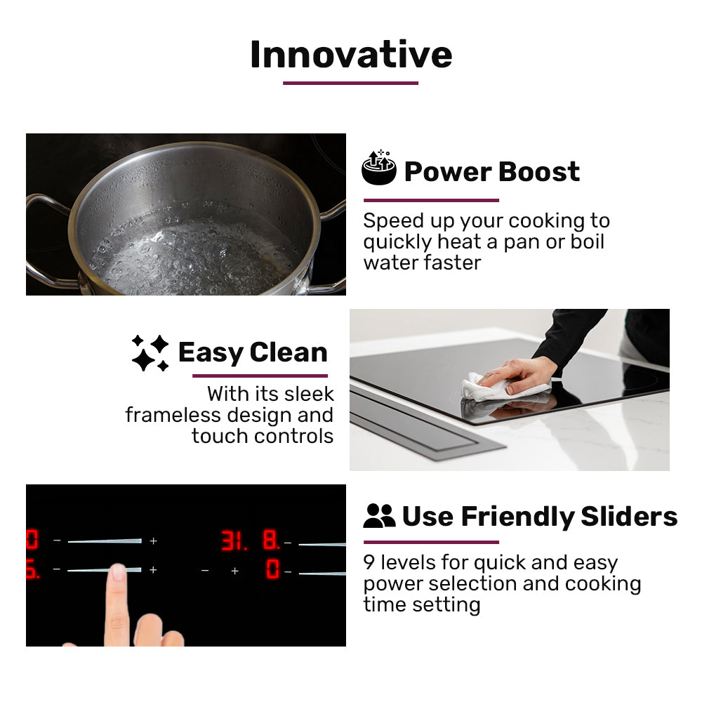EuroChef 60cm 4 Zone Induction Cooktop, 7200W Electric, Dual Link Bridged Zone Hobs, Touch Controls 8