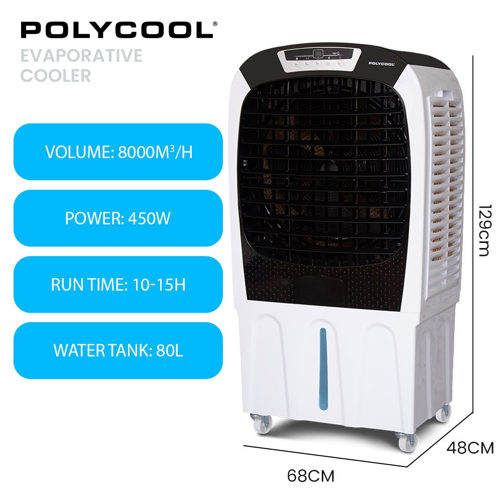 POLYCOOL 450W 80L Evaporative Air Cooler, Commercial Grade, Remote Control, Fan 11