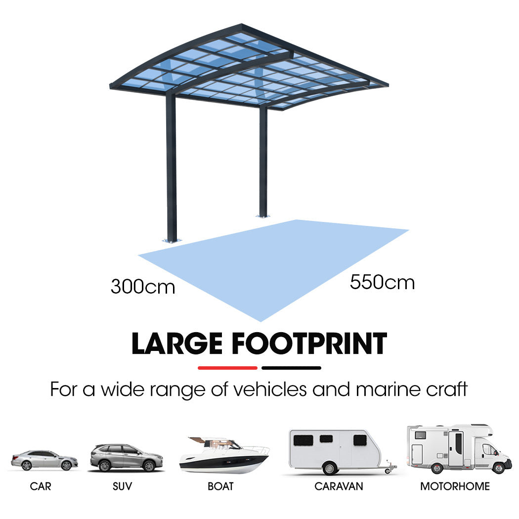 SHADE SHIELD Single Cantilever Carport 3.0m x 5.5m x 3.5m, Aluminium Alloy Frame, Polycarbonate Roof, Shelter for Car or Outdoor Living 5