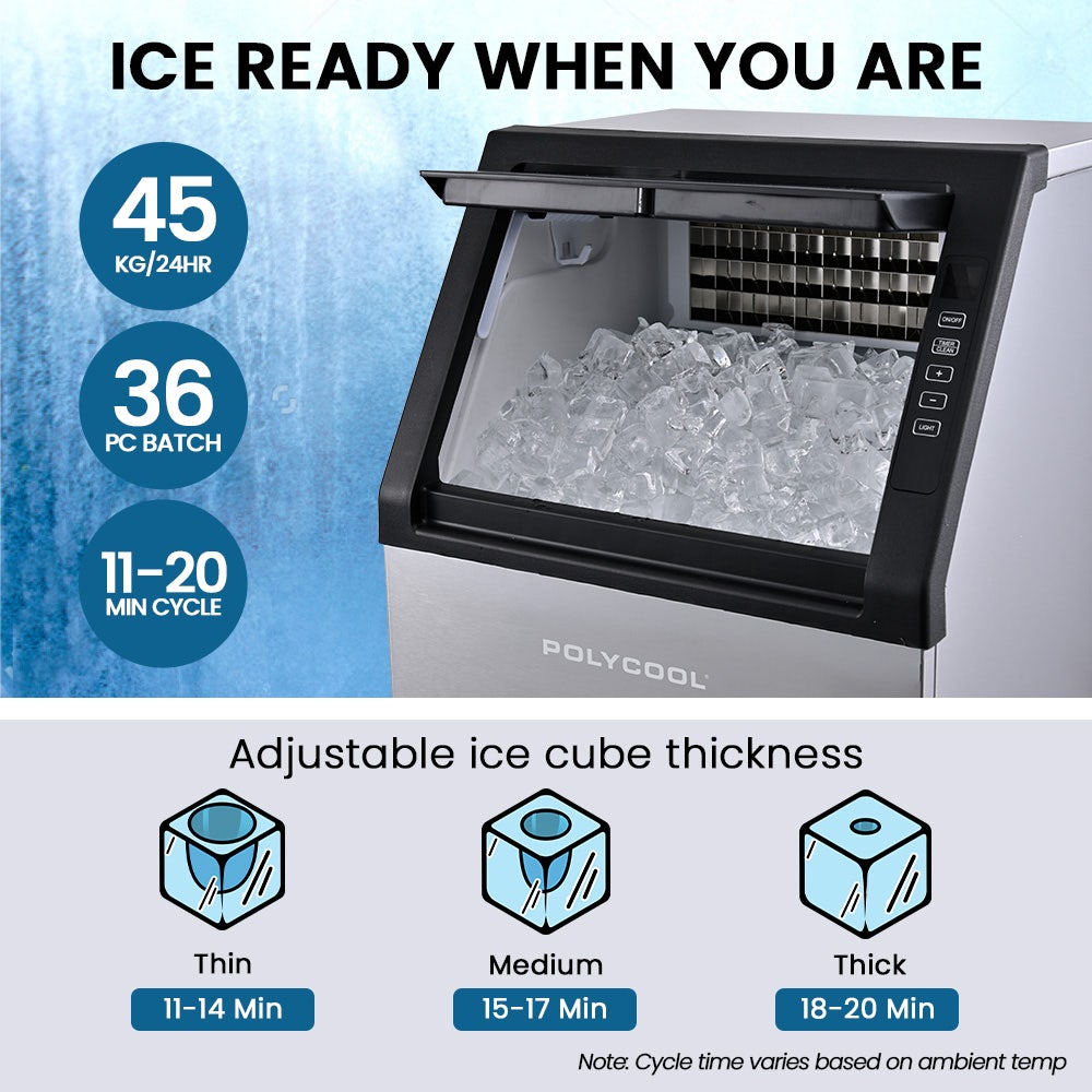 POLYCOOL Commercial Ice Maker Machine, up to 45kg/24hr, Timer & Self Cleaning Programs 4