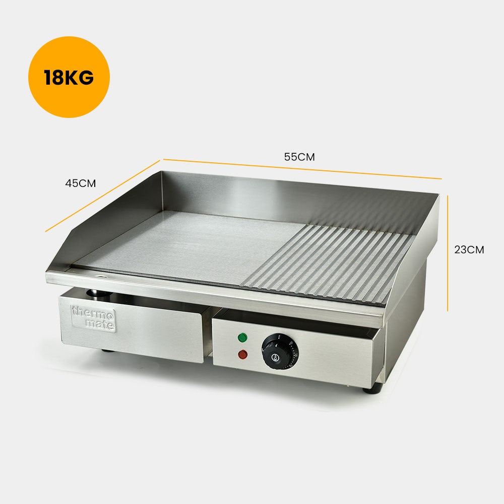 THERMOMATE Commercial Electric Griddle TH-G04, 2400W 55x35cm Half Ribbed Surface 6