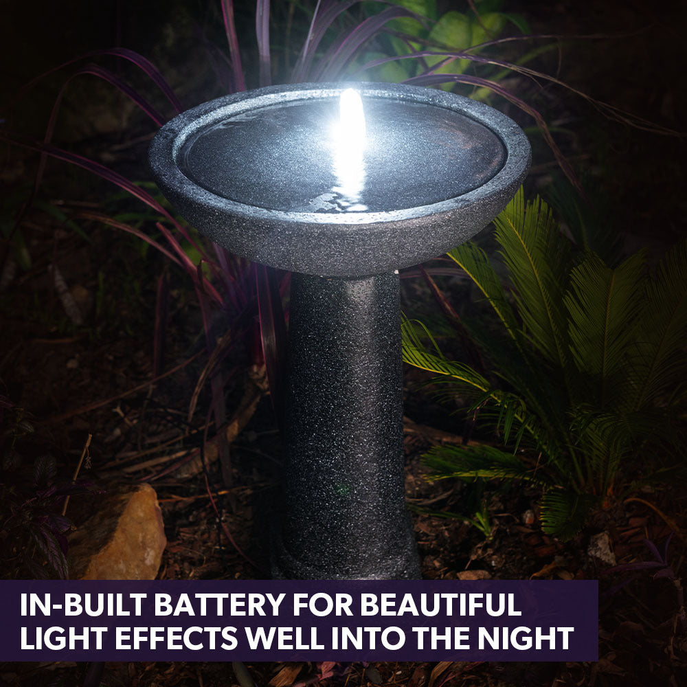 Protege Bird Bath Solar Water Feature Fountain, Contemporary Birdbath Design, with Panel Kit, LED Lights, Dark Grey 6