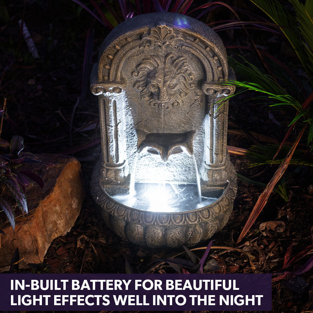 PROTEGE Lion Head Solar Powered Water Feature Fountain, Traditional Design, with Panel Kit, LED Lights 7