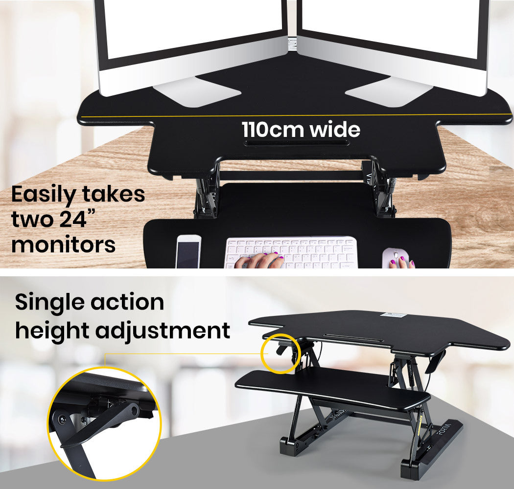Fortia Corner Desk Riser 110cm Wide Adjustable Sit to Stand for Dual Monitor, Keyboard, Laptop, Black 7