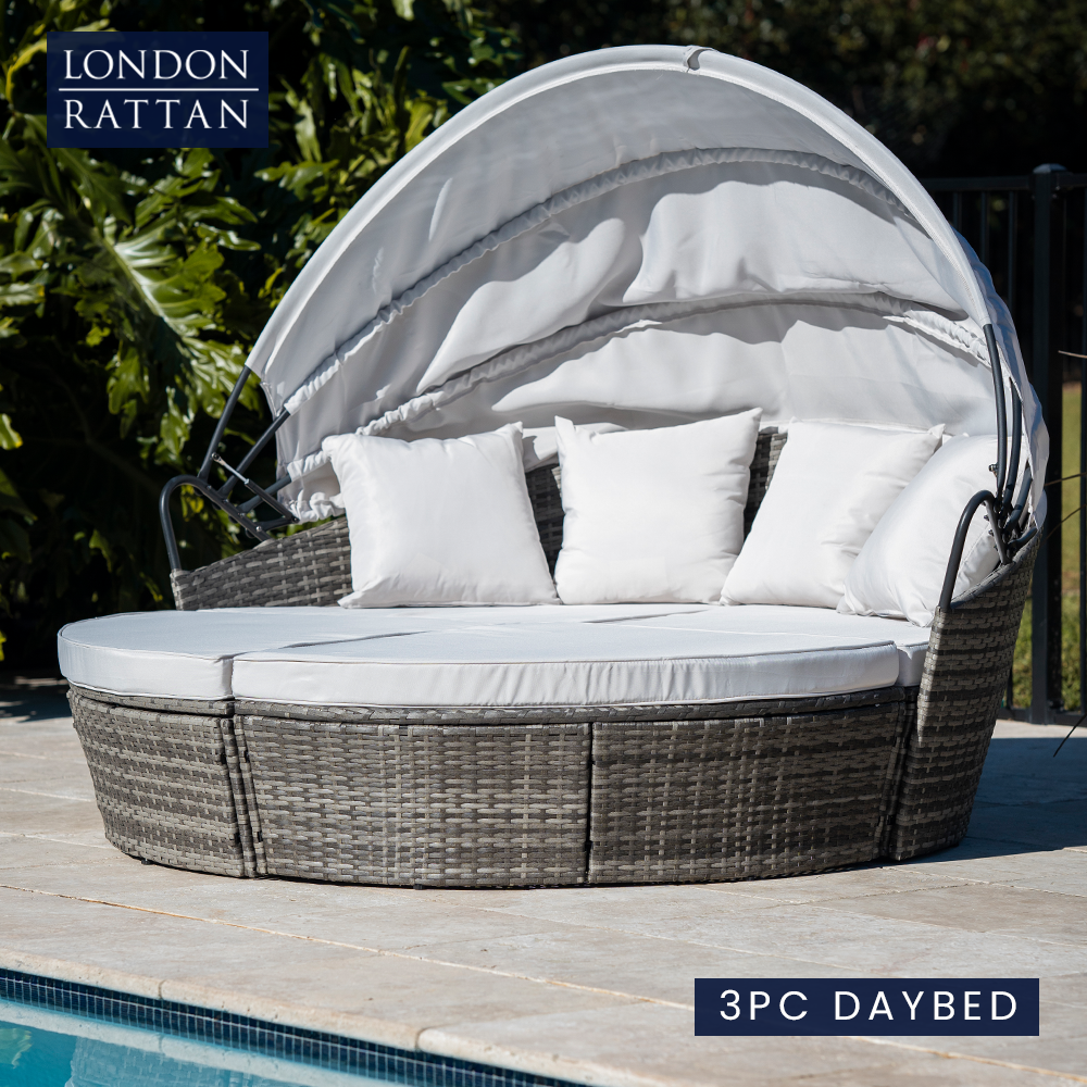 LONDON RATTAN 3PC Outdoor Daybed Patio Rattan Sofa Sun Lounge Furniture Grey Wicker Off White Canopy 13
