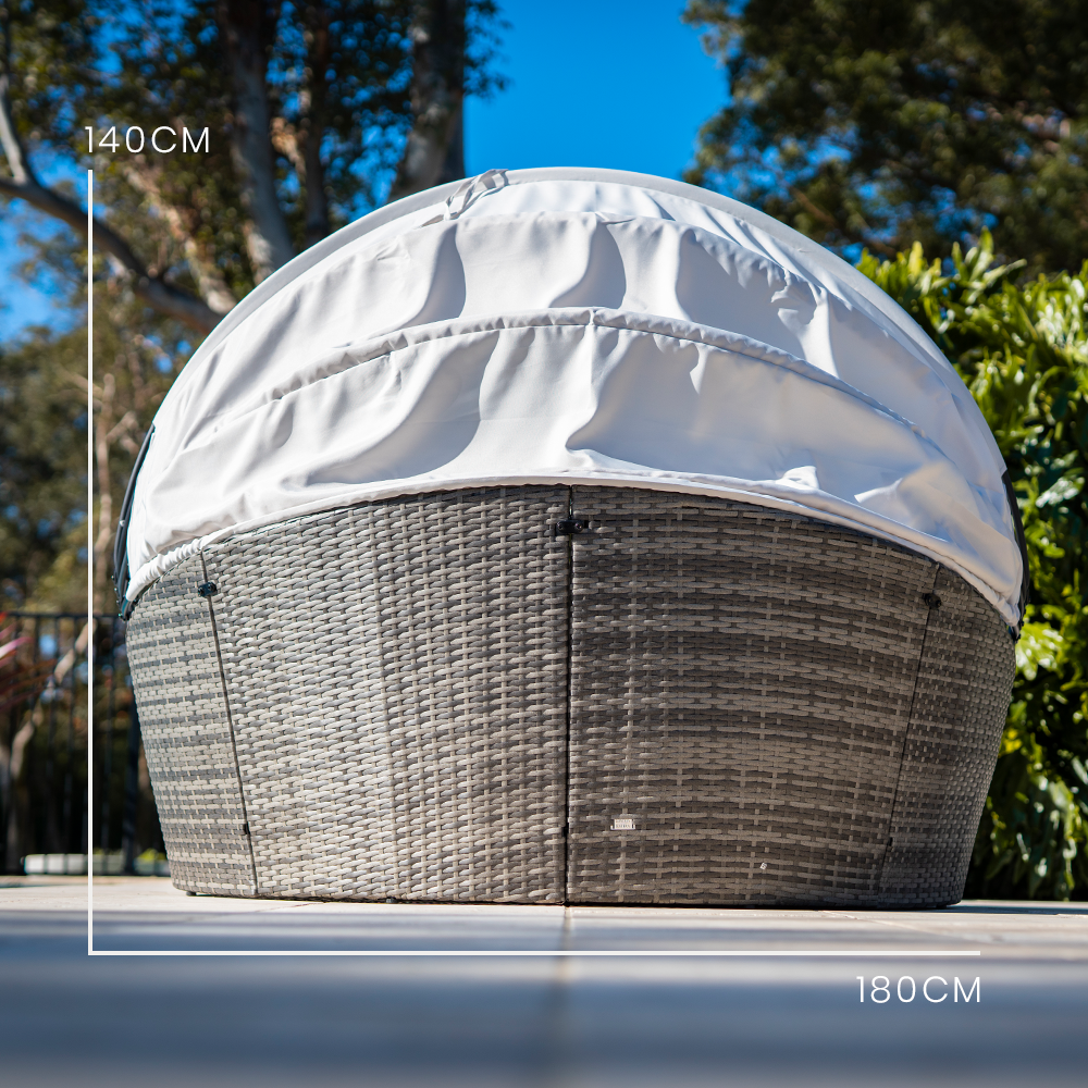 LONDON RATTAN 3PC Outdoor Daybed Patio Rattan Sofa Sun Lounge Furniture Grey Wicker Off White Canopy 12