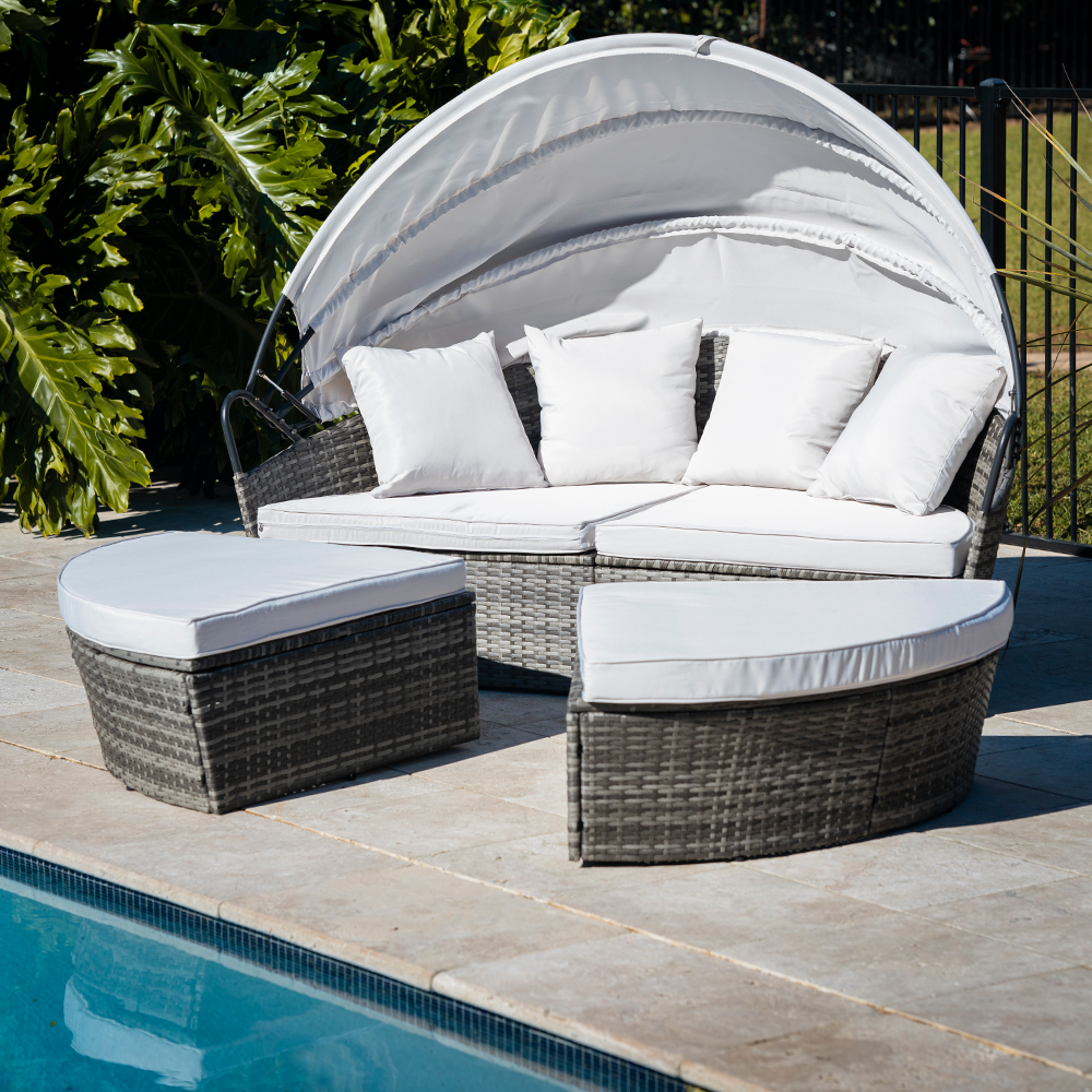 LONDON RATTAN 3PC Outdoor Daybed Patio Rattan Sofa Sun Lounge Furniture Grey Wicker Off White Canopy 9