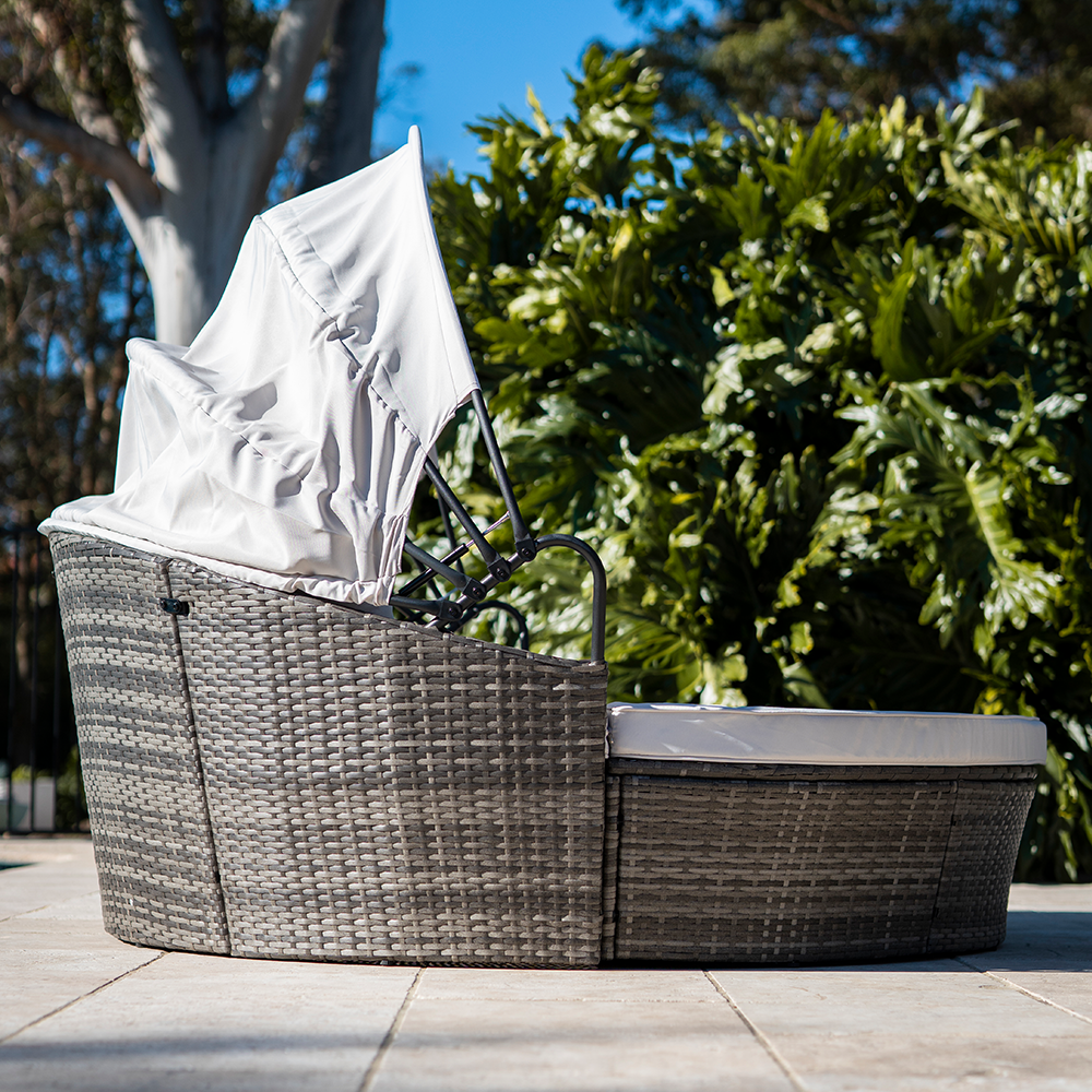 LONDON RATTAN 3PC Outdoor Daybed Patio Rattan Sofa Sun Lounge Furniture Grey Wicker Off White Canopy 11