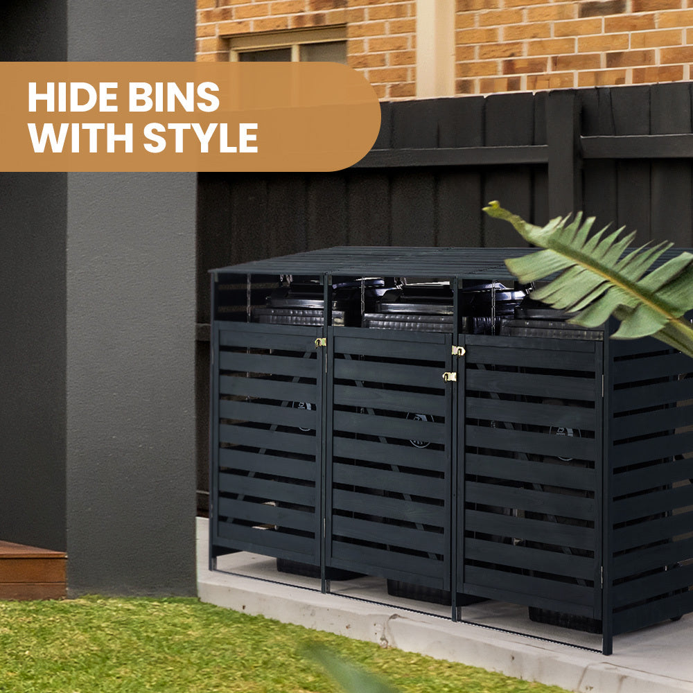 PlantCraft Triple Wood Wheelie Bins Storage Shed, 3 Door Garbage Rubbish Bin Enclosure 3