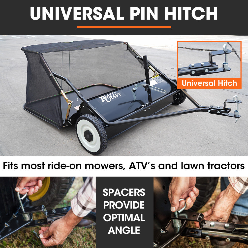 PlantCraft Lawn Sweeper 38" Wide, Tow Behind Leaf and Grass Clipping Collector, Universal Hitch for Ride on Mower, Garden Tractor 5
