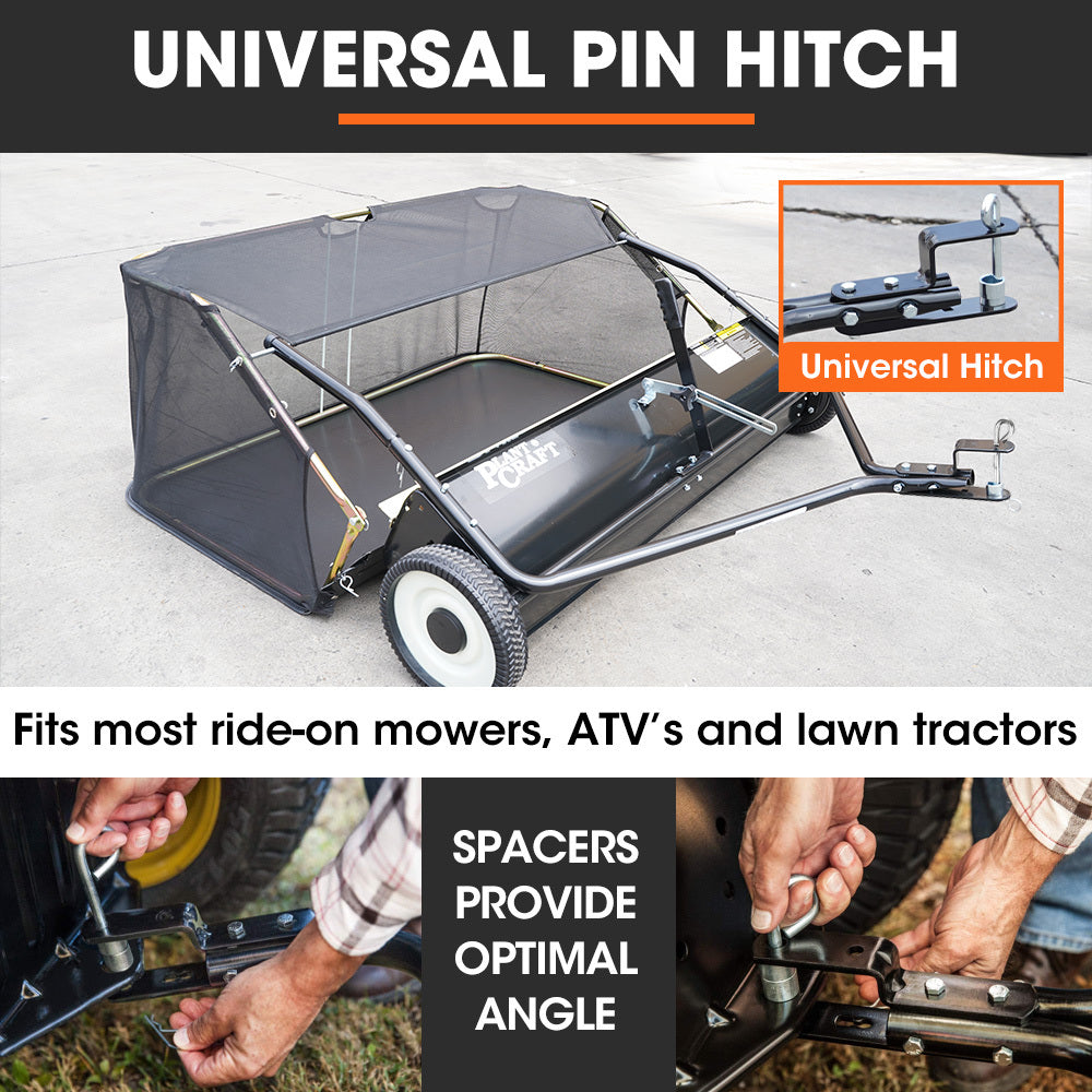 PlantCraft Lawn Sweeper 48" Wide, Tow Behind Leaf and Grass Clipping Collector, Universal Hitch for Ride on Mower, Garden Tractor 4