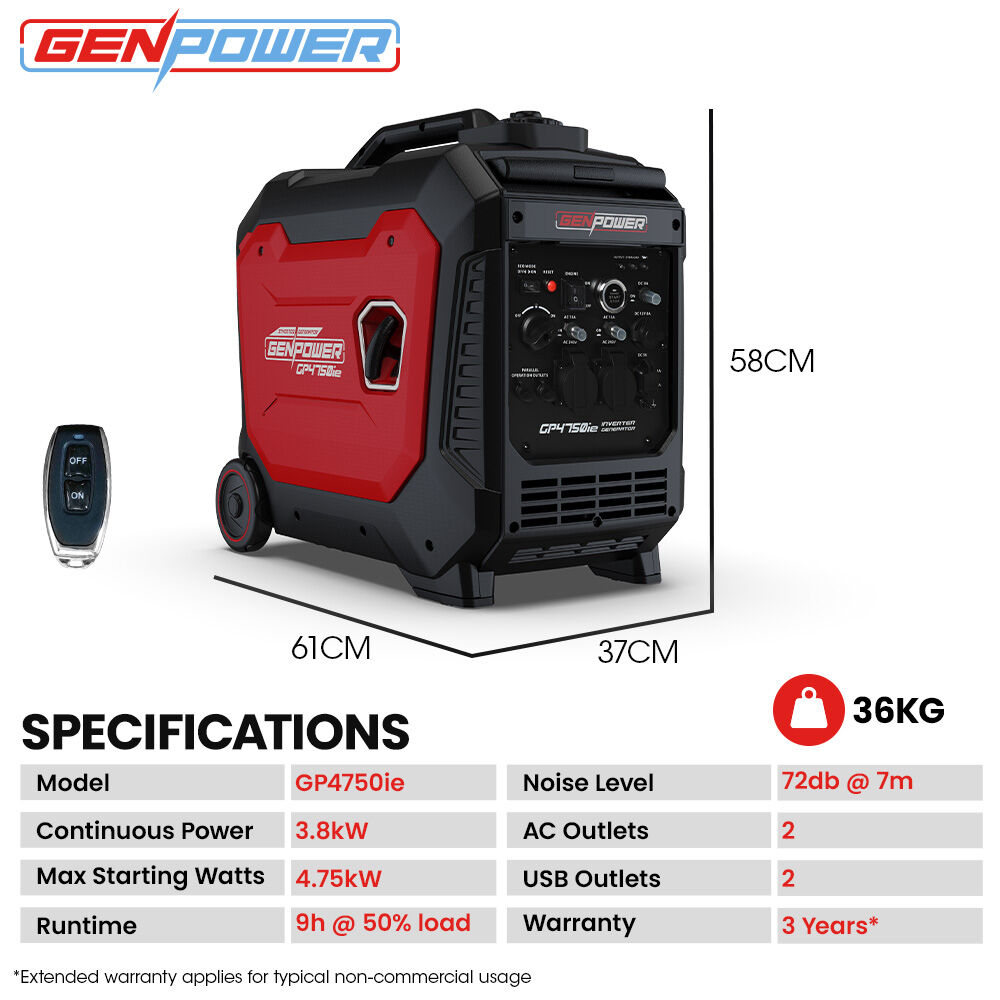 GENPOWER 4.7kW Peak 3.8kW Inverter Generator, Push Button & Remote Start, Portable w/ Wheels, Camping, Backup, Mobile A/C 8