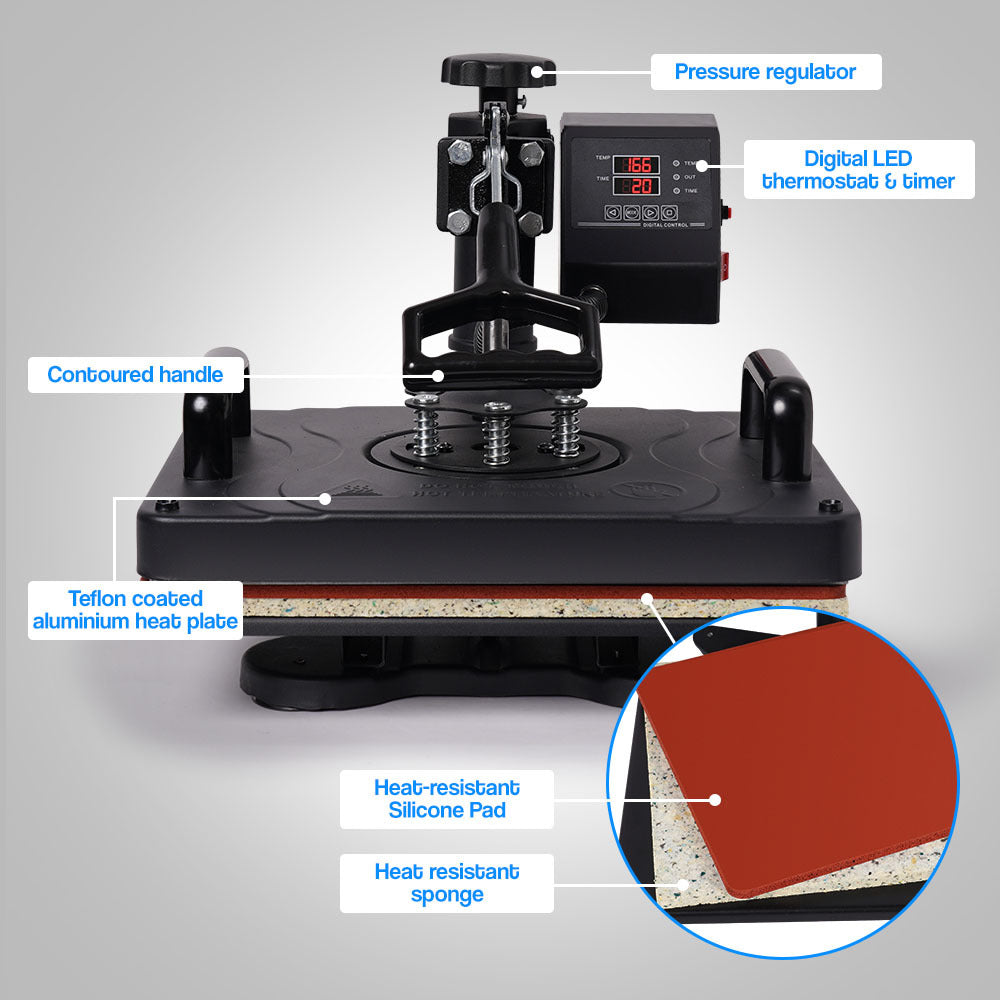 THERMOMATE 38x29cm 5in1 Swing Away Heat Press Machine, Includes T-Shirt, Mug, Cap, Plate Presses 3