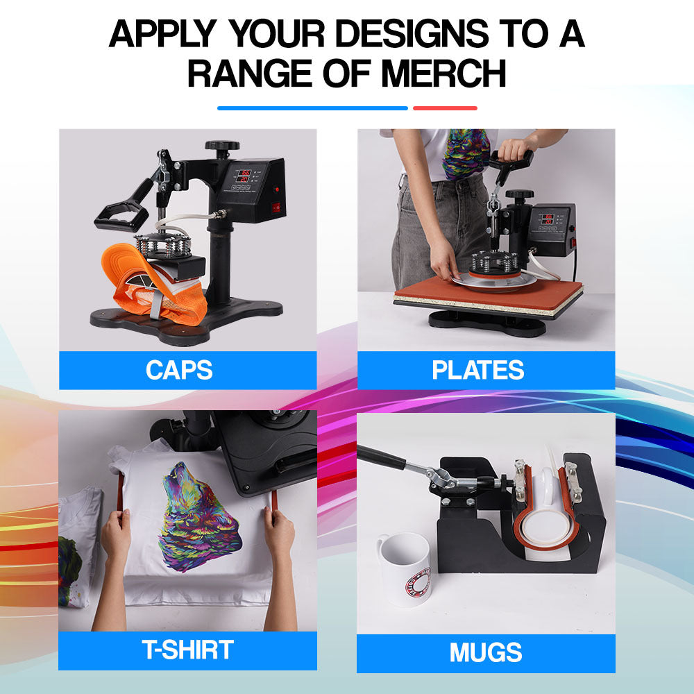 THERMOMATE 38x29cm 5in1 Swing Away Heat Press Machine, Includes T-Shirt, Mug, Cap, Plate Presses 6