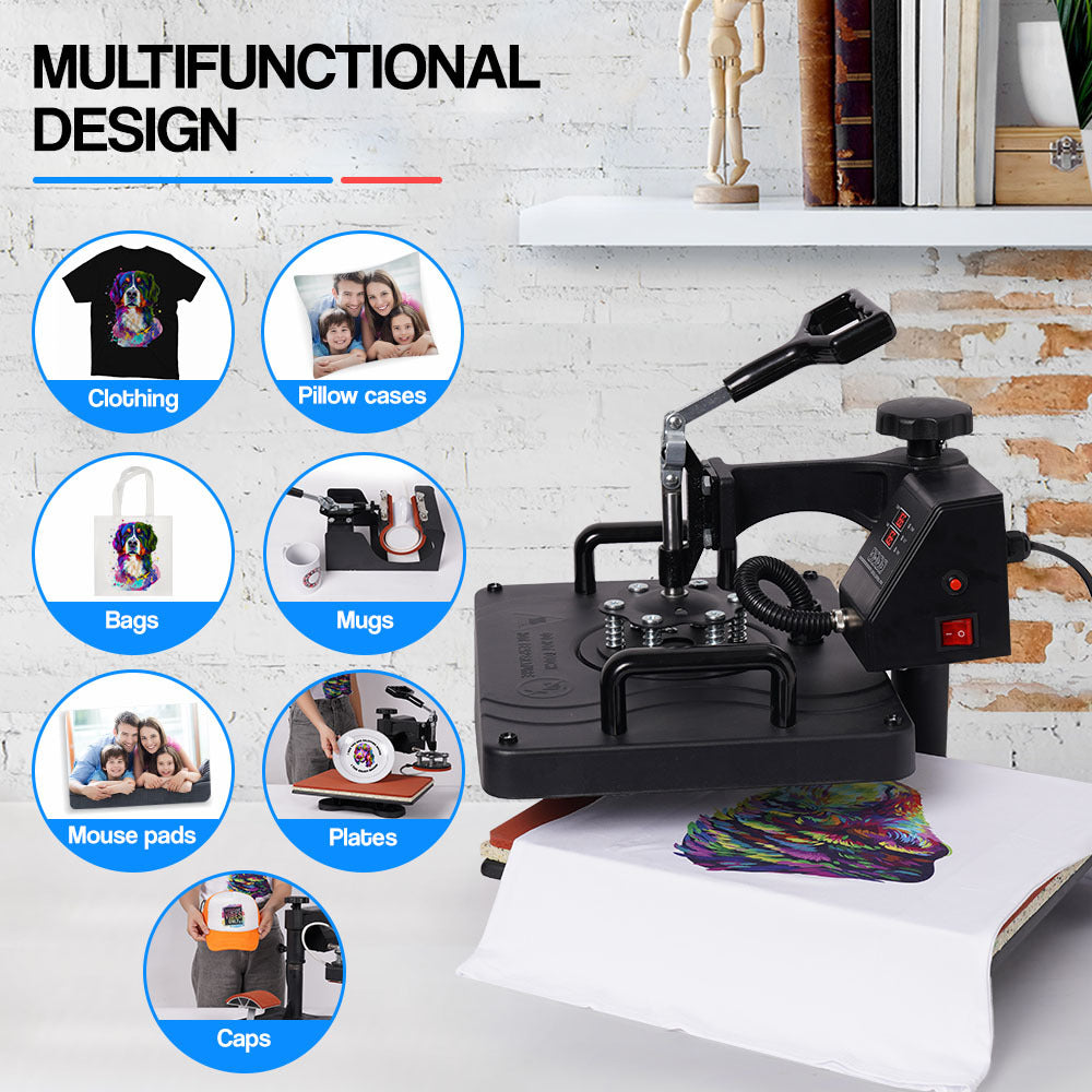 THERMOMATE 38x29cm 5in1 Swing Away Heat Press Machine, Includes T-Shirt, Mug, Cap, Plate Presses 10