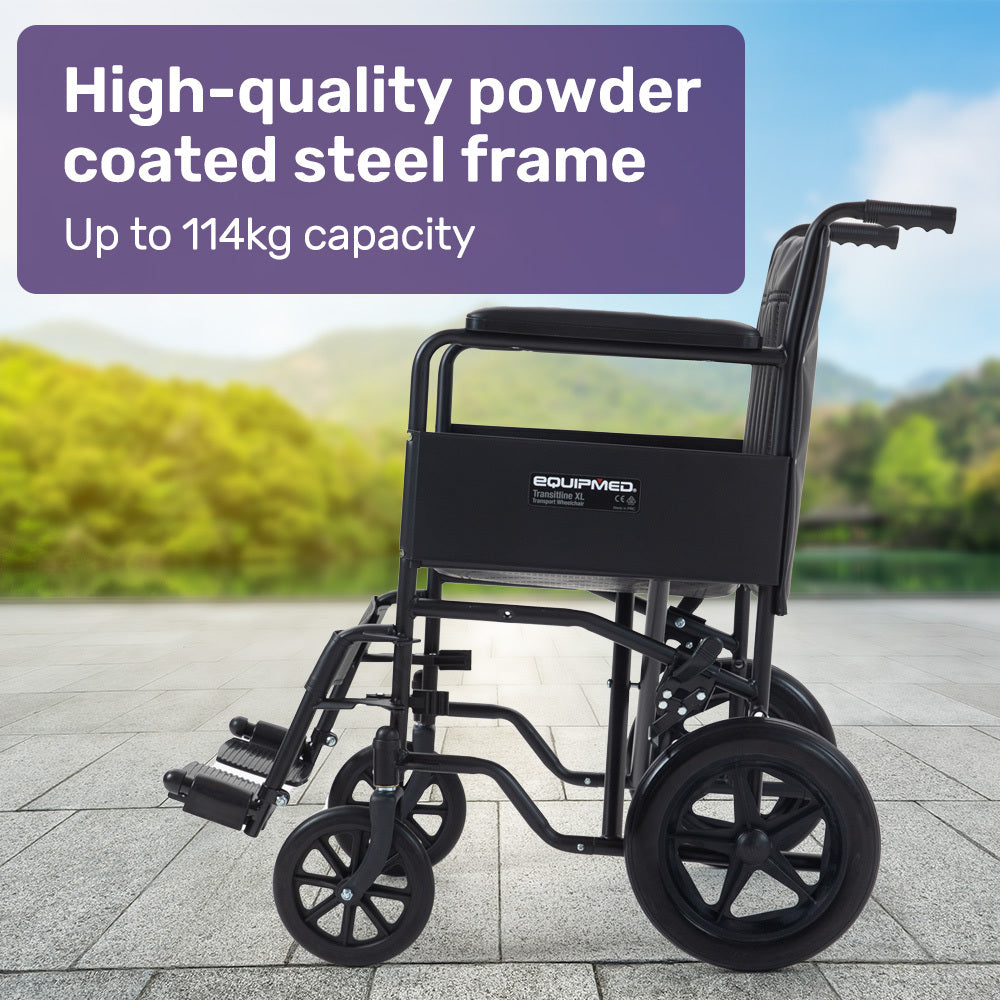 EQUIPMED Folding Transit Manual Wheelchair, Attendant Propelled, Steel Frame, Wide Seat, Comfortable for S-XL, 114kg Capacity, Park Brakes, Transport 3