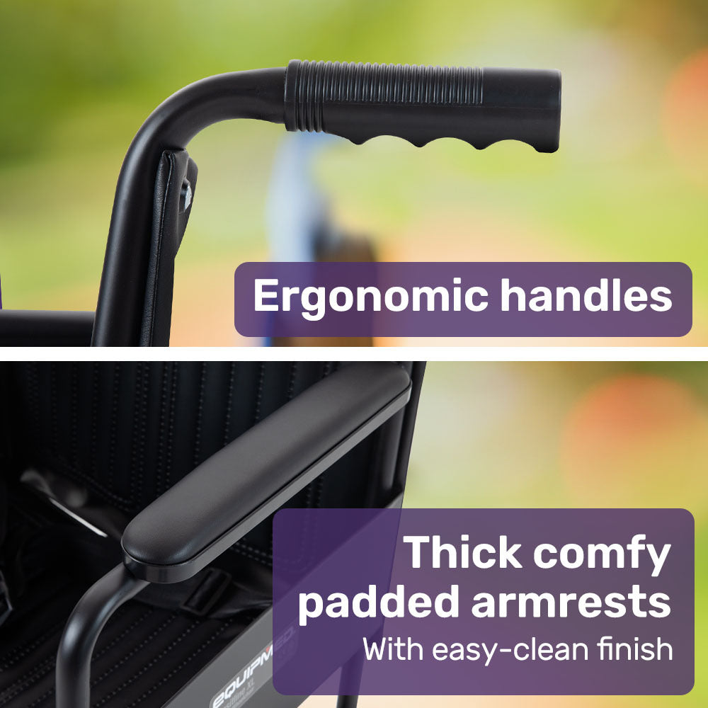 EQUIPMED Folding Transit Manual Wheelchair, Attendant Propelled, Steel Frame, Wide Seat, Comfortable for S-XL, 114kg Capacity, Park Brakes, Transport 5