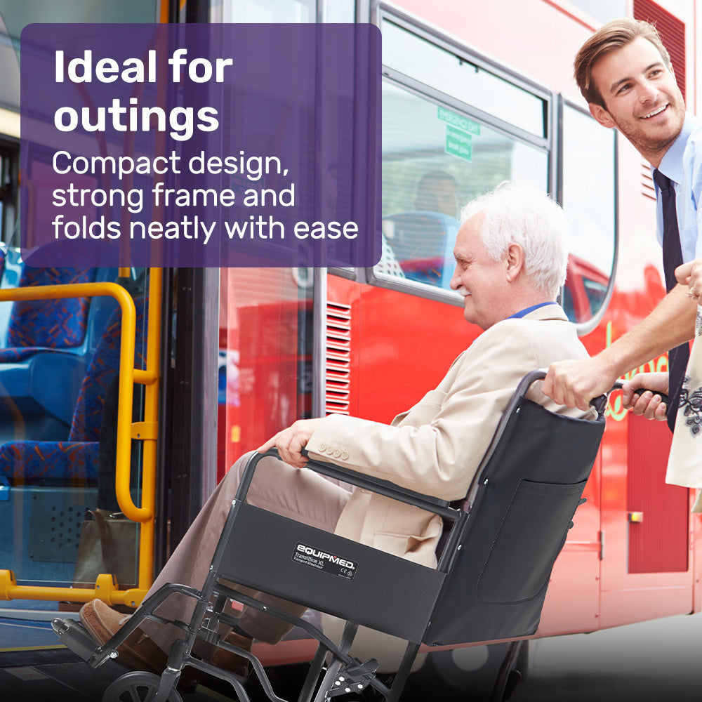 EQUIPMED Folding Transit Manual Wheelchair, Attendant Propelled, Steel Frame, Wide Seat, Comfortable for S-XL, 114kg Capacity, Park Brakes, Transport 6