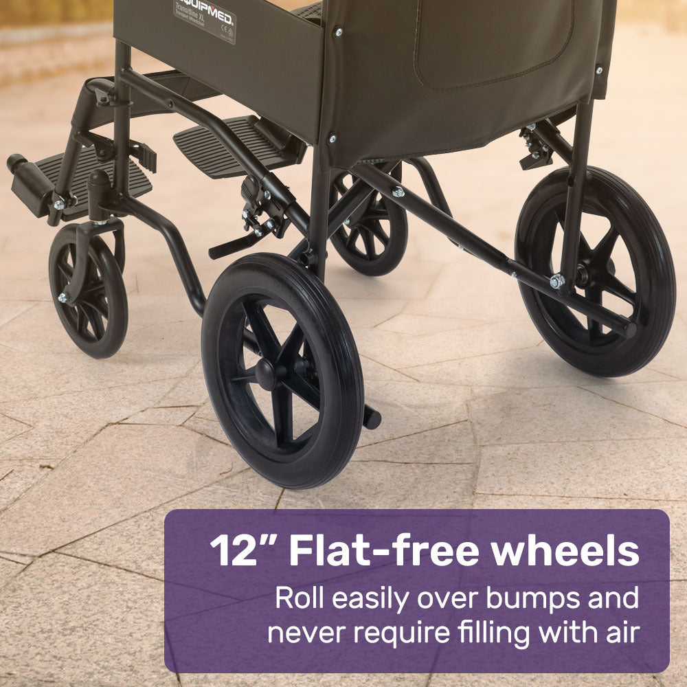 EQUIPMED Folding Transit Manual Wheelchair, Attendant Propelled, Steel Frame, Wide Seat, Comfortable for S-XL, 114kg Capacity, Park Brakes, Transport 8