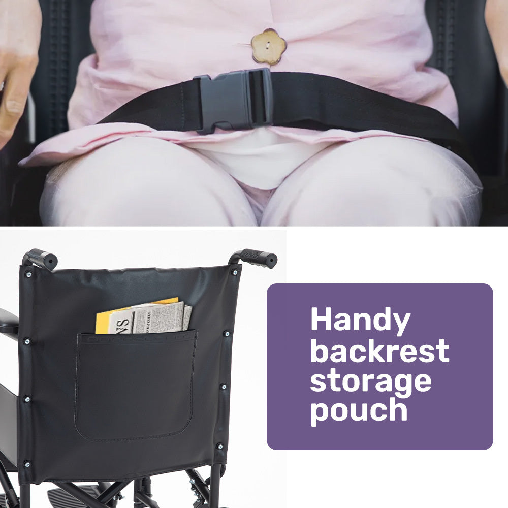 EQUIPMED Folding Transit Manual Wheelchair, Attendant Propelled, Steel Frame, Wide Seat, Comfortable for S-XL, 114kg Capacity, Park Brakes, Transport 9