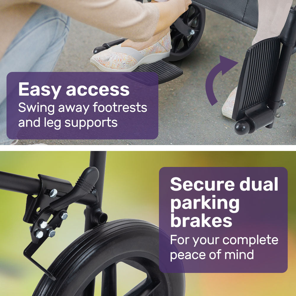 EQUIPMED Folding Transit Manual Wheelchair, Attendant Propelled, Steel Frame, Wide Seat, Comfortable for S-XL, 114kg Capacity, Park Brakes, Transport 10