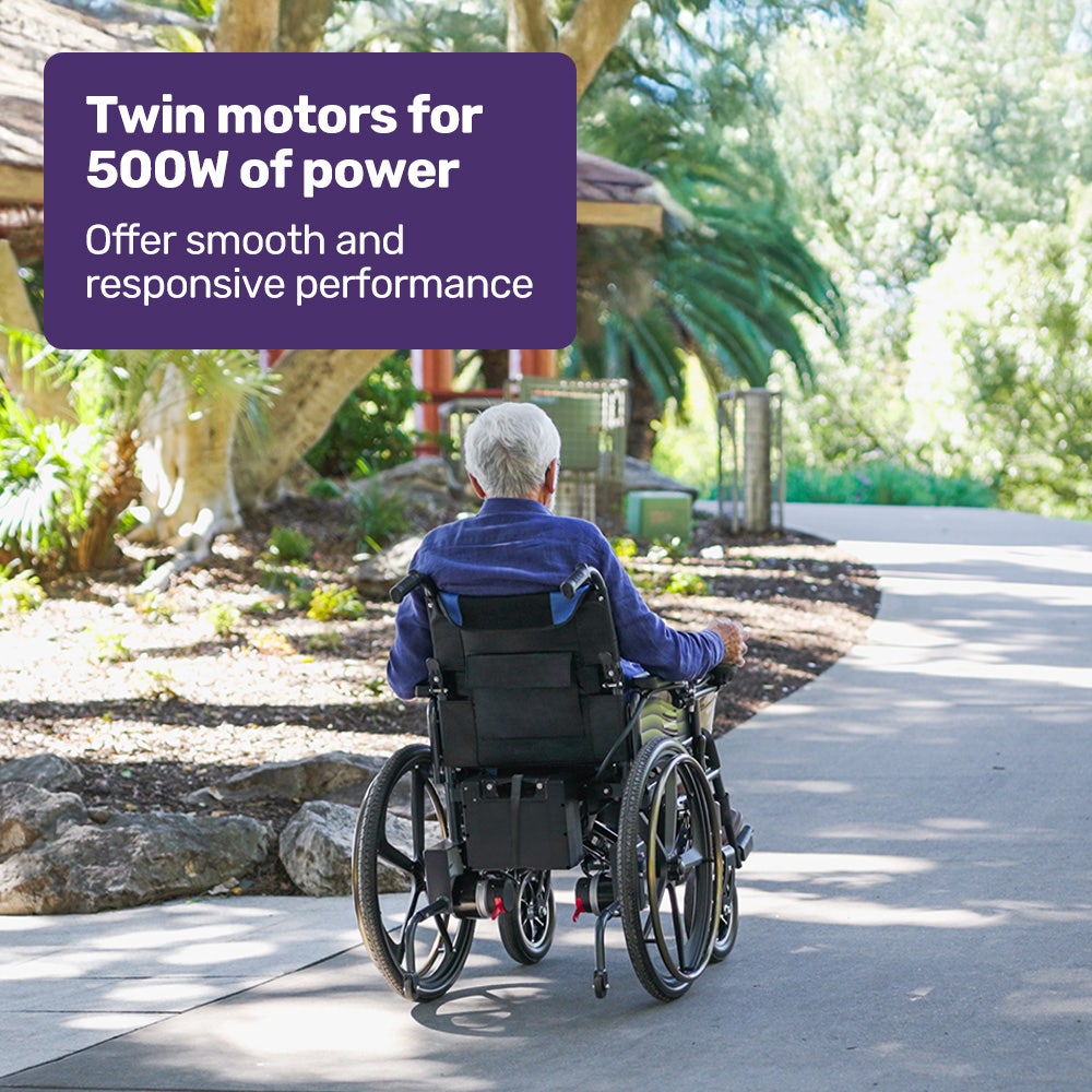 EQUIPMED Electric Wheelchair Folding, Long Range, Airline Approved, Lithium Battery, 24" Light Rear Wheels, Matte Black/Blue 3