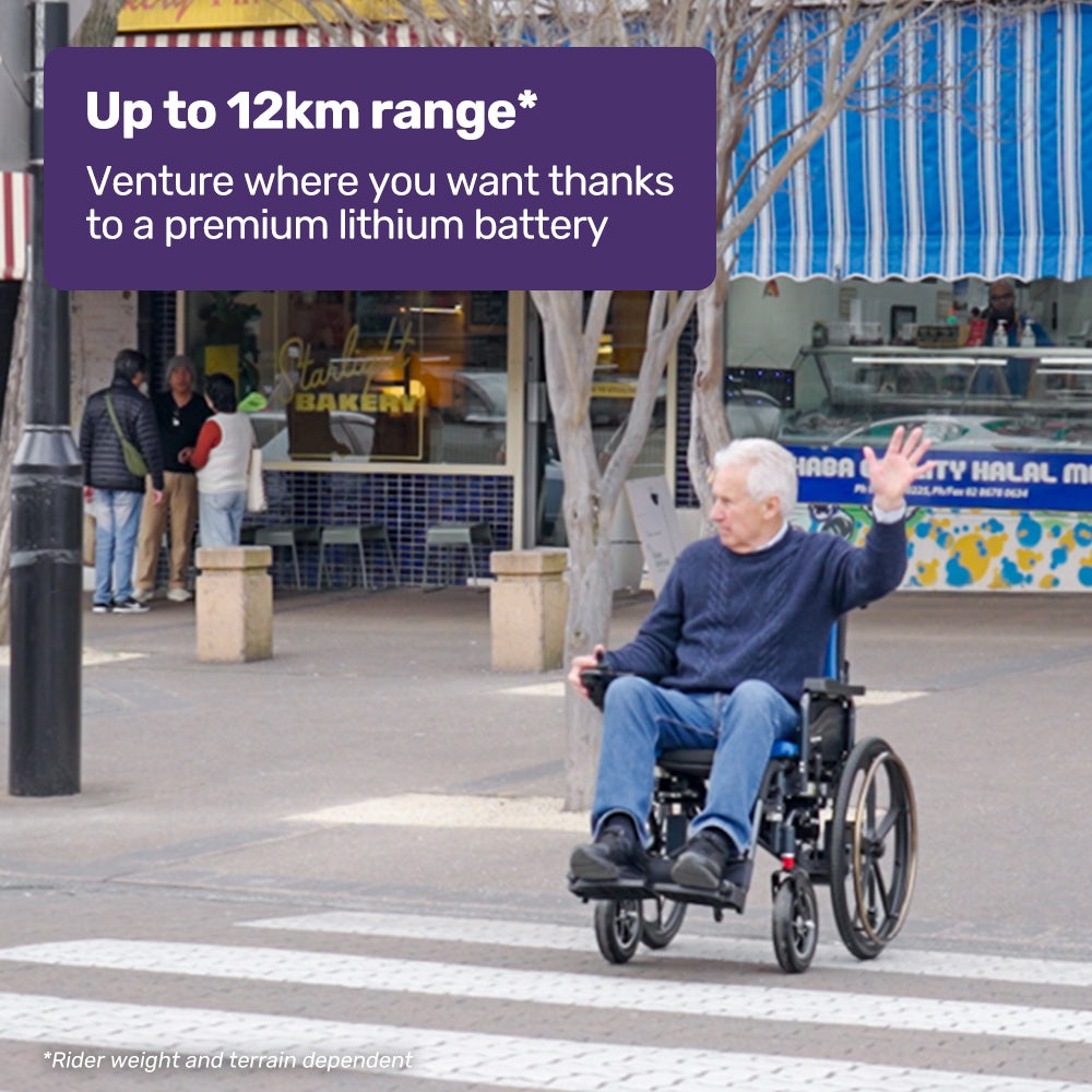 EQUIPMED Electric Wheelchair Folding, Long Range, Airline Approved, Lithium Battery, 24" Light Rear Wheels, Matte Black/Blue 4