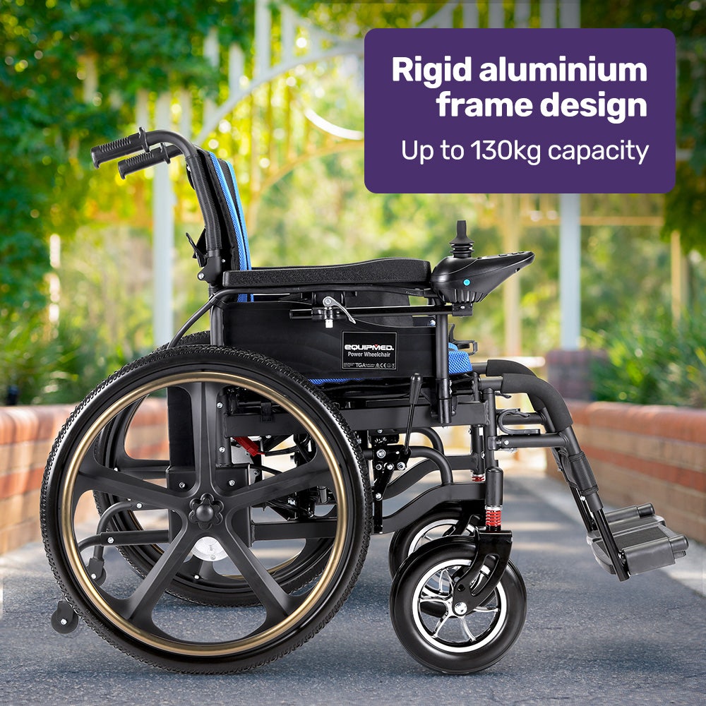 EQUIPMED Electric Wheelchair Folding, Long Range, Airline Approved, Lithium Battery, 24" Light Rear Wheels, Matte Black/Blue 5