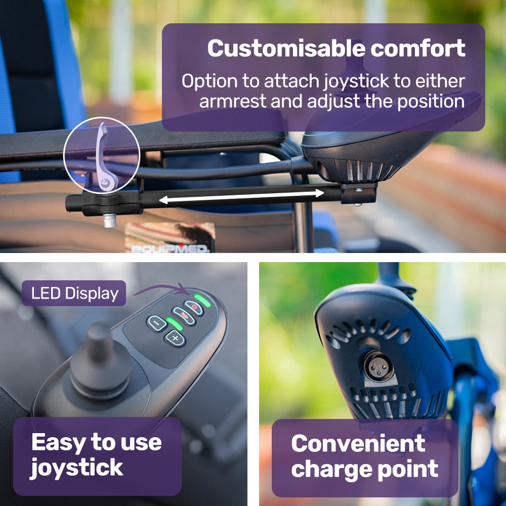 EQUIPMED Electric Wheelchair Folding, Long Range, Airline Approved, Lithium Battery, 24" Light Rear Wheels, Matte Black/Blue 6