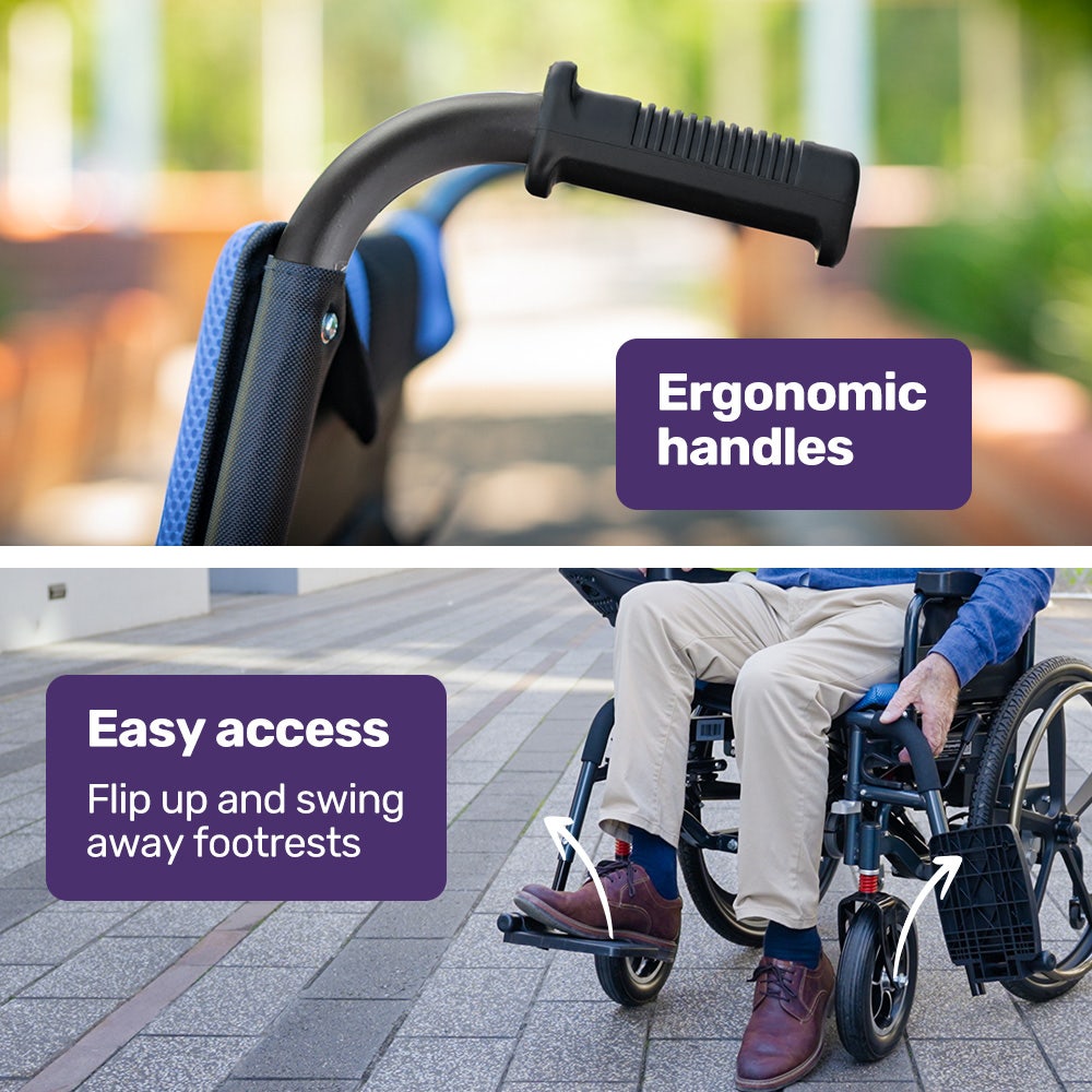 EQUIPMED Electric Wheelchair Folding, Long Range, Airline Approved, Lithium Battery, 24" Light Rear Wheels, Matte Black/Blue 7