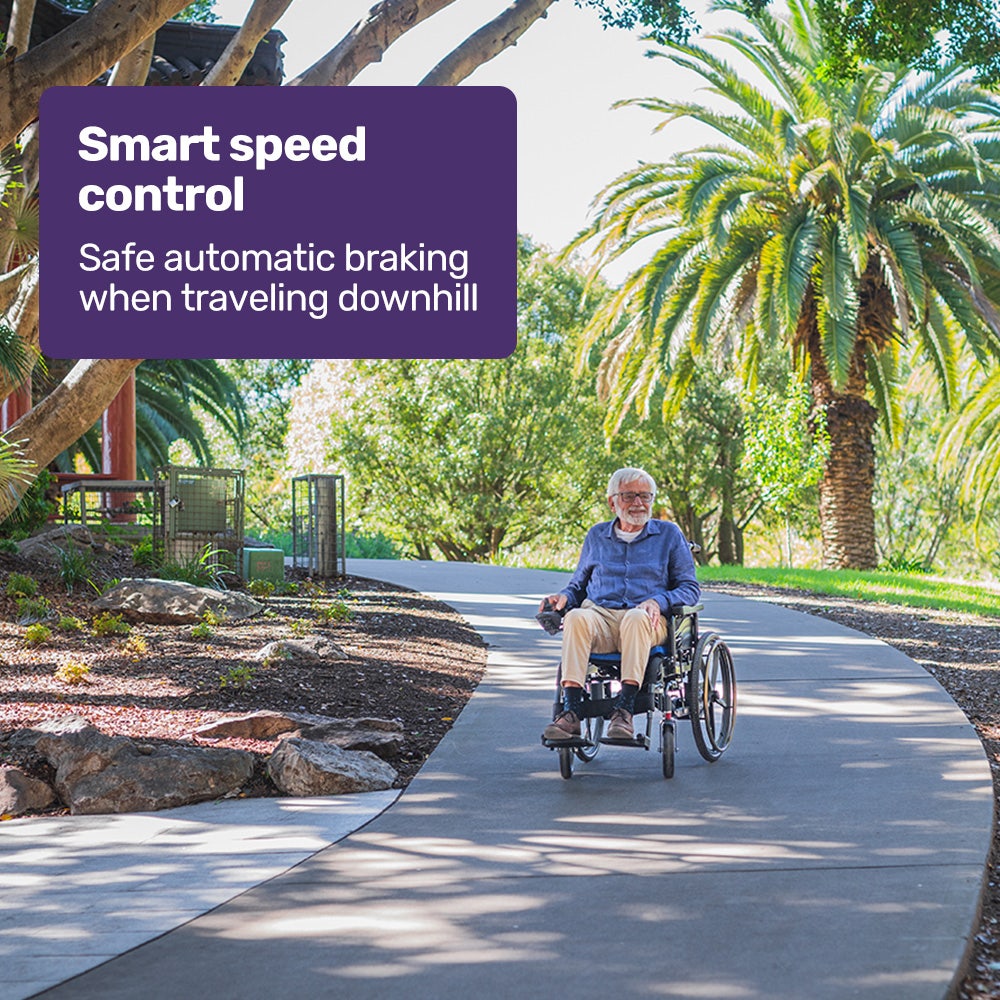 EQUIPMED Electric Wheelchair Folding, Long Range, Airline Approved, Lithium Battery, 24" Light Rear Wheels, Matte Black/Blue 8