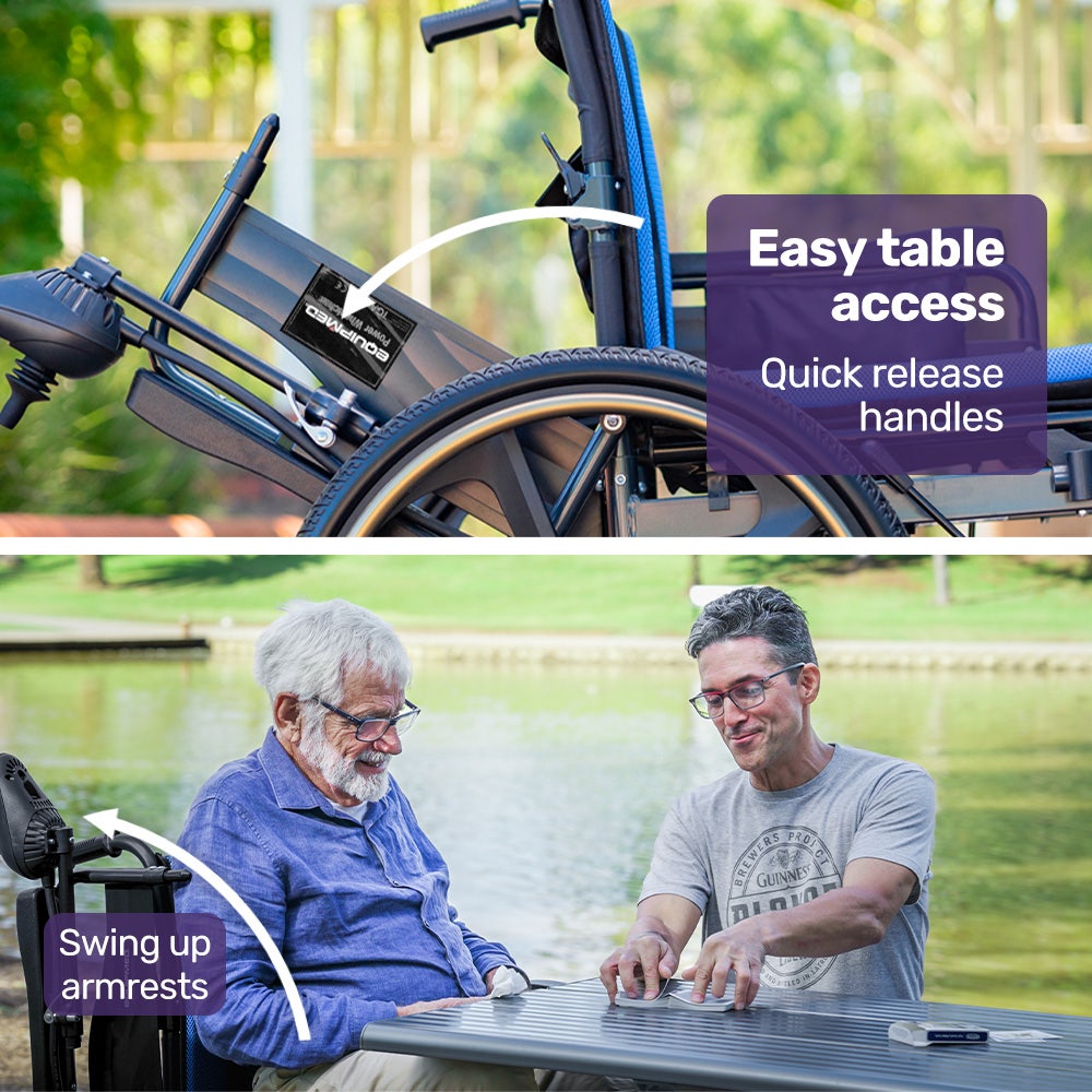 EQUIPMED Electric Wheelchair Folding, Long Range, Airline Approved, Lithium Battery, 24" Light Rear Wheels, Matte Black/Blue 9