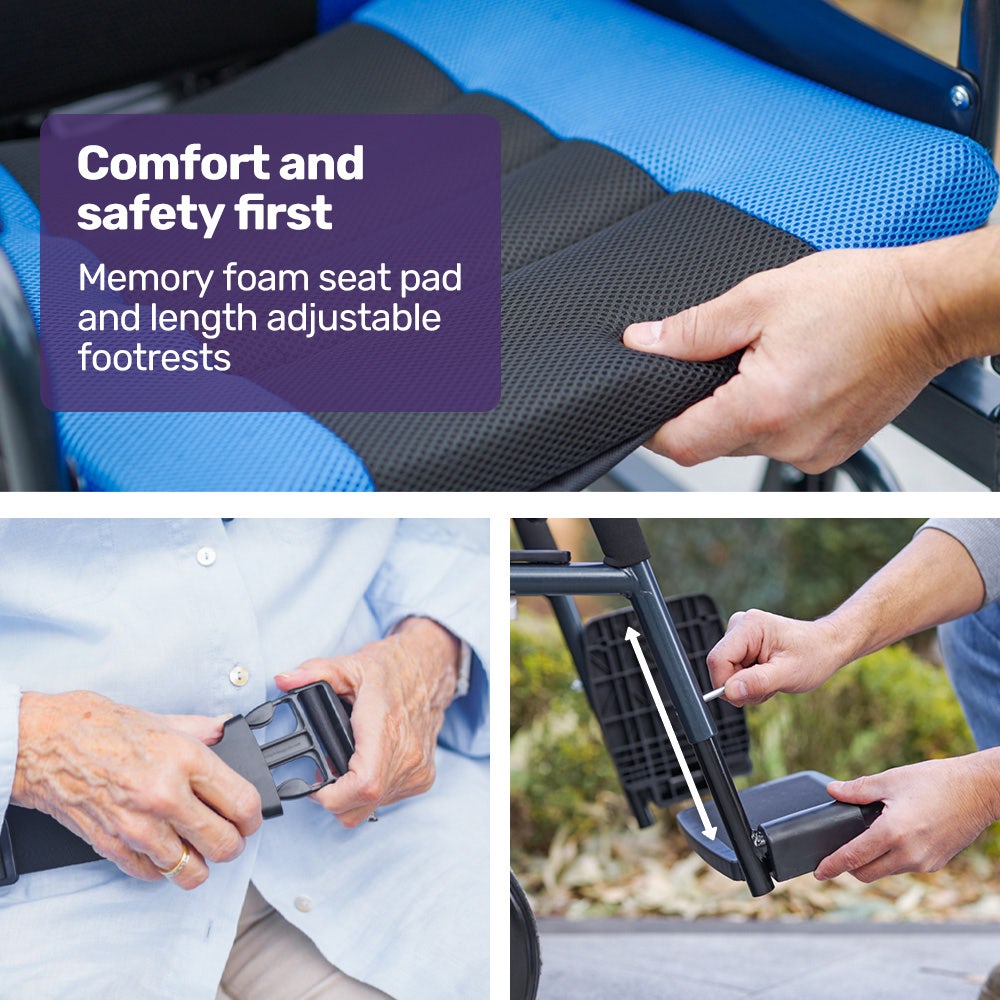 EQUIPMED Electric Wheelchair Folding, Long Range, Airline Approved, Lithium Battery, 24" Light Rear Wheels, Matte Black/Blue 10